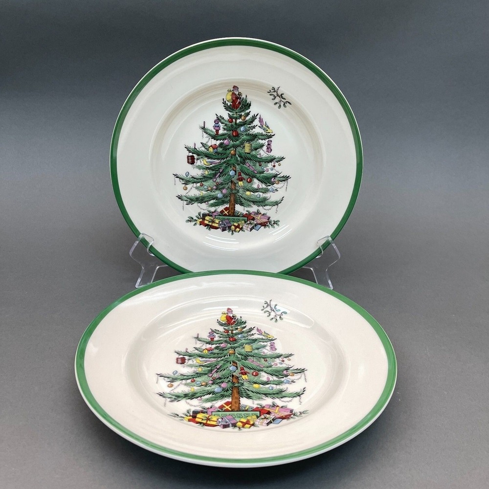 Spode Christmas Tree Dinner Plates Green Band Lot of 2 - Retail $42 each